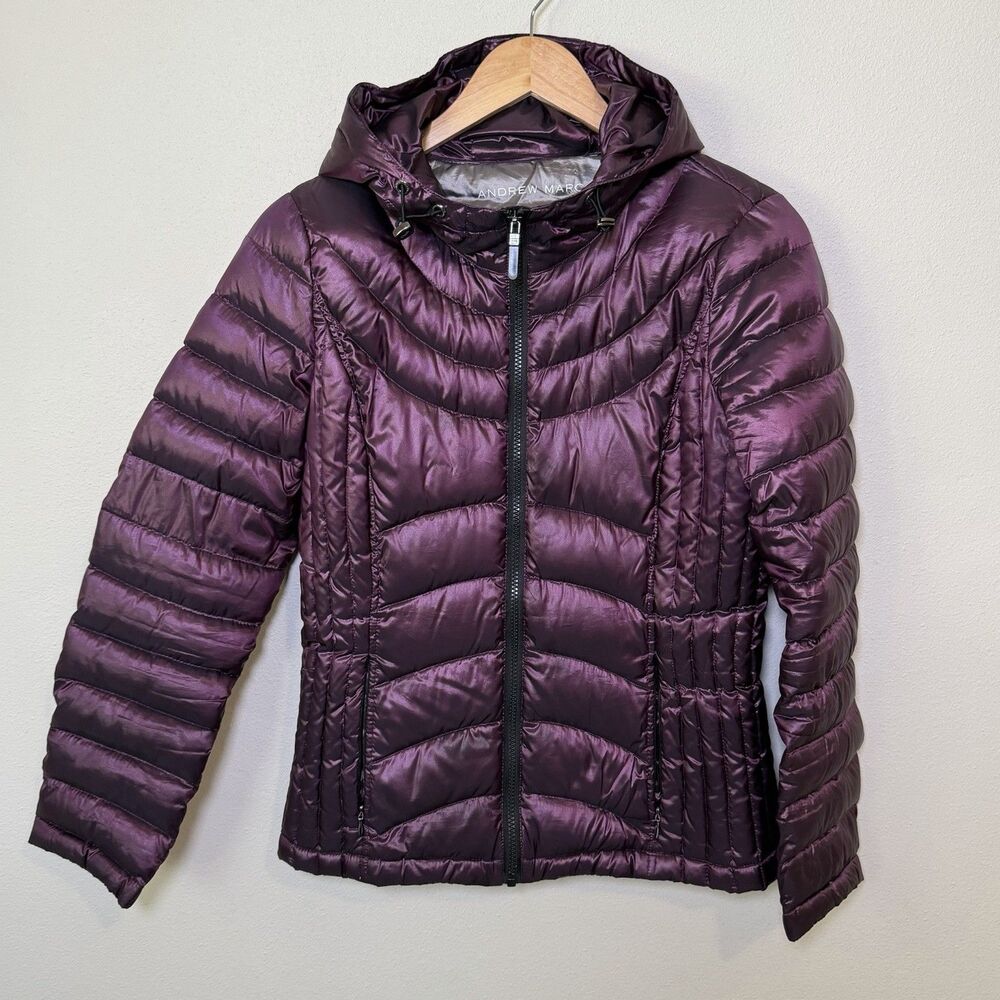 Andrew Marc Premium Down Packable Quilted Hooded Full Zip Puffer Jacket S Purple